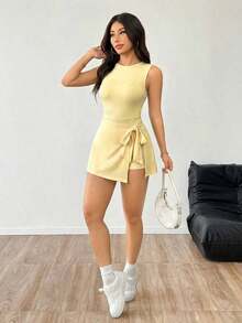 Mono sin mangas de color azul marino minimalista y casual para mujer - Albaricoque - Ver 8