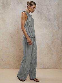 Conjunto de dos piezas elegante de rayas para vacaciones de mujer, primavera/verano - Blanco y Negro - Ver 6