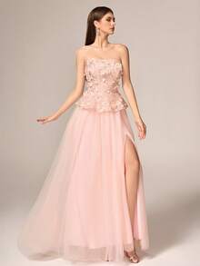 VIPGIRL New Arrival Lavender Asymmetric Waist Ruched Sequin Patchwork Elegant Formal Evening Gown - Pink - View 9