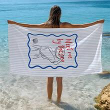 1条沙滩巾，印有“海边相会”标语，尺寸70x150厘米，简约风格，适用于浴室、游泳、健身、瑜伽等场合。采用柔软舒适的超细纤维材质，轻便易携，防风、防紫外线、防沙，是夏季旅行、度假和浴室装饰的理想之选。 - 淺藍色 - 查看 5