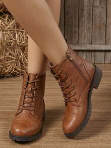 Women's Lace Up Combat Ankle Boots – Flat Low Heel Fashion Booties - 鏽棕色 - 查看 3