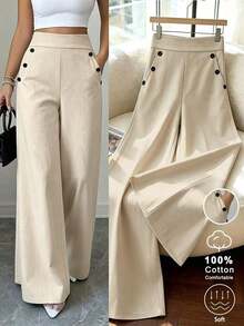 Nuevos pantalones de estilo coreano de primavera/verano, minimalistas y elegantes, de lino a rayas azul y blanco, de cintura alta, estilizadores, de pierna recta y sueltos, informales para mujer - Caqui - Ver 1