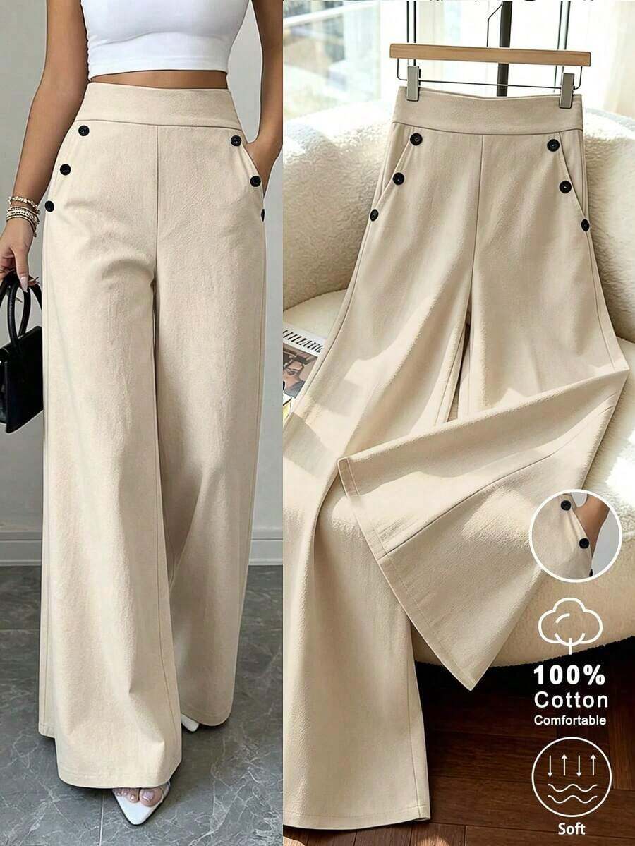 Nuevos pantalones de estilo coreano de primavera/verano, minimalistas y elegantes, de lino a rayas azul y blanco, de cintura alta, estilizadores, de pierna recta y sueltos, informales para mujer - Caqui - Ver 1