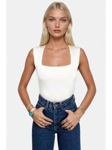 Women's Simple Square Neck Thick Strap Tank Top, White - White - View 3