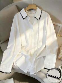 Camisa larga de mujer de manga larga, de un solo pecho, holgada, con hombros caídos y de unicolor - Blanco 2 - Ver 6