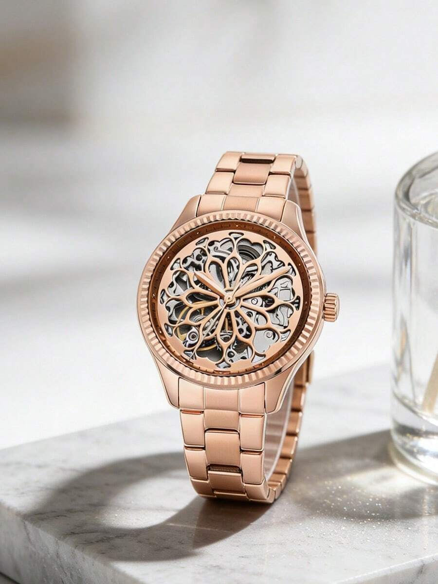 Fossil Women's Rose Gold Automatic Mechanical Skeleton Watch Floral Cutout Dial Flower Engraved Movement Fluted Bezel Rose Gold Stainless Steel Bracelet Elegant Ladies Timepiece Gift Wife Girlfriend Mom Sister Bridesmaid Wedding Bridal Shower Girls Night Out Anniversary - 玫瑰金 - 查看 1