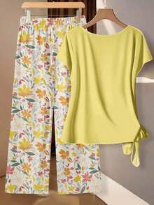 Conjunto de 2 piezas de blusa estampada y pantalones de pierna ancha con cintura de lazo para mujer - Multicolor - Ver 2