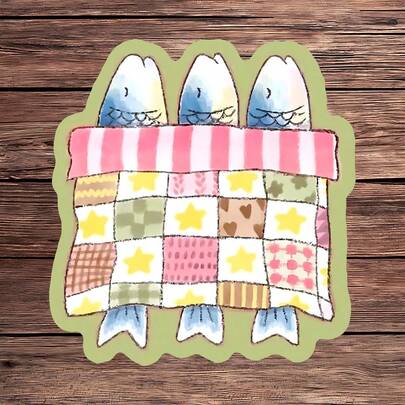 1PC Cute Sleeping Fish Vinyl Sticker, Durable Sardine Blanket Decal With Pastel Quilt And Cozy Bedtime Style For Fish Lover, Laptop, Water Bottle, Journal, Notebook, Planner Decor