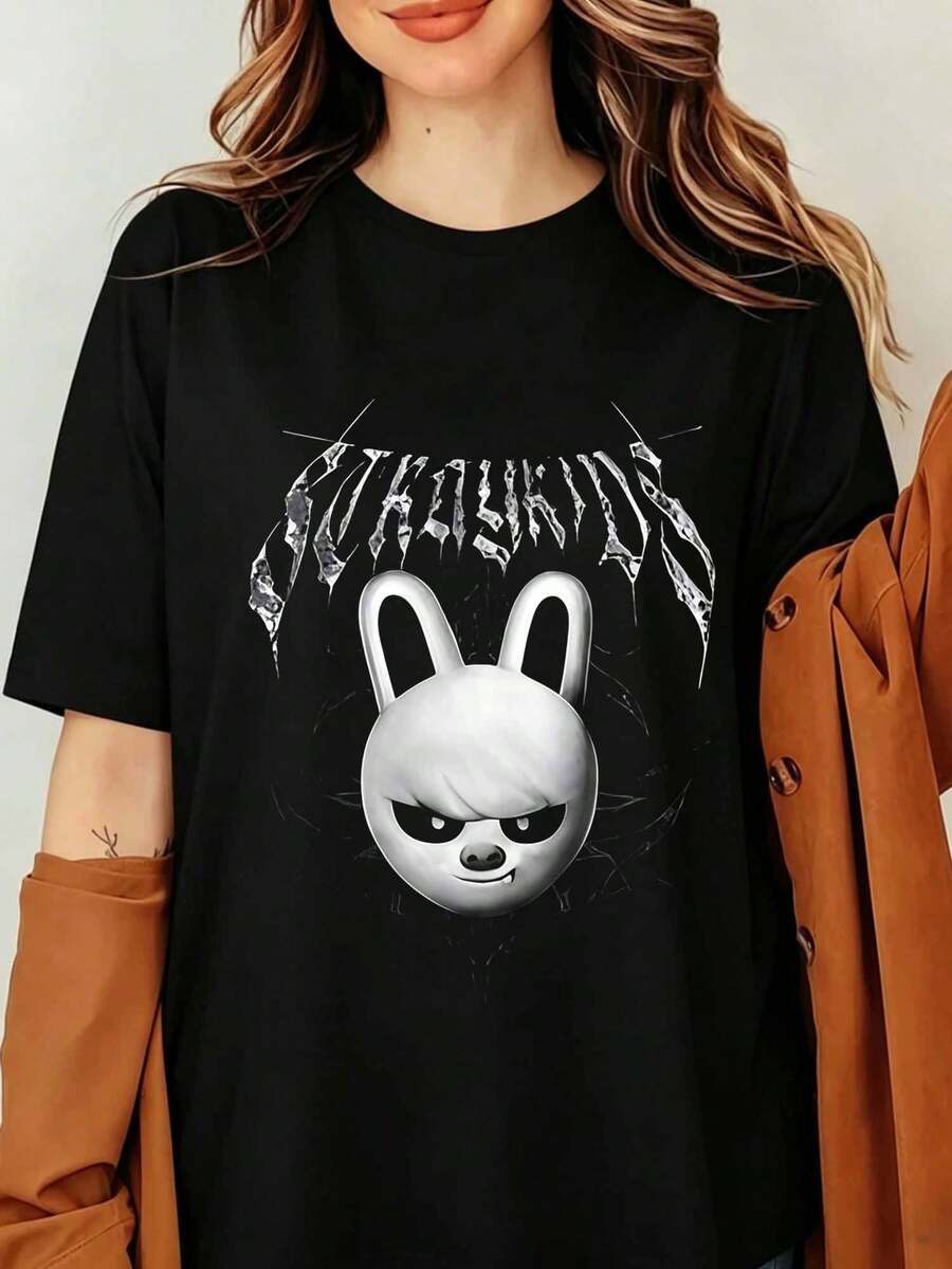 Strays Kidss SKZOO Leebit Evil Version Graphic T-Shirt Lees Know Metal Logo Print Black Cotton Oversized Tee K-Pop Streetwear Top, DominATE SKZOO World Tour US 2025 Member T-Shirt, Mixtape Dominate Shirt, ATE Album T-Shirt - Black - View 1