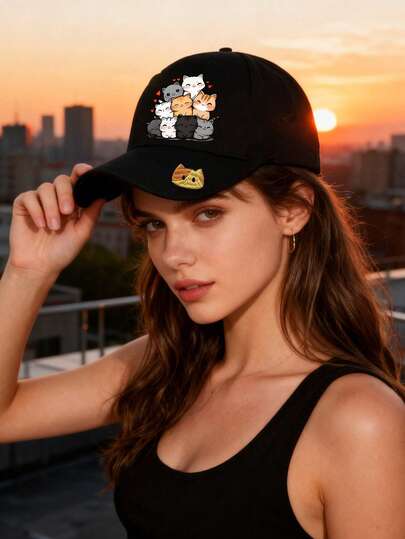 Cute Kitten Print Unisex Baseball Cap, Lightweight Breathable Adjustable Hat With Curved Brim, Durable Headgear For Outdoor Sports, Running, Hiking, Daily Wear, All-Season Use, Ideal For Graduation Season, Grad Celebration, Valentine's Day, Travel, Festivals, Events, Suitable For Men, Women, Teens, Graduates, Students, A Must-Have Everyday Cap, Casual Sun Hat, Golf Cap, Trucker Style, Perfect Gift For Family And Friends.