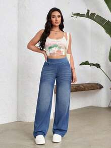 FlexDen Pantalones vaqueros de pierna ancha, estilo casual deportivo, con elástico para mujer - Azul lavado oscuro - Ver 6