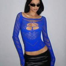 DivaQ Sexy Sheer Long Sleeve Mesh Y2K Top Gothic - azul real - Ver 2