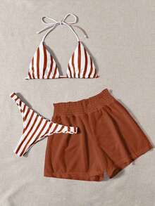 3 piezas de bikini - Bottom a rayas azul y blanco, shorts de cubrir blancos, ropa de playa casual para vacaciones de primavera/verano, fiesta en la playa - Multicolor - Ver 3