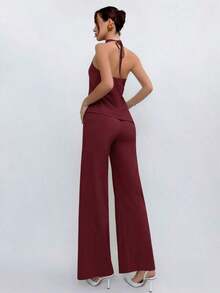 Conjunto de top halter y pantalones de color café claro, estilo sencillo para ir al trabajo - Burdeos - Ver 2