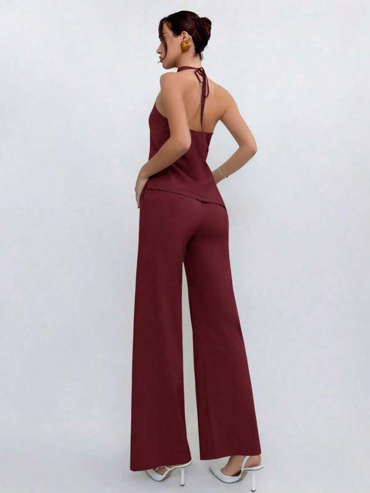 Halter Top And Light Brown Pants Set, Simple Style For Going To Work - Beige - View 2