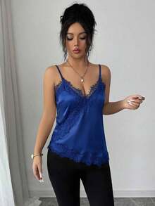 Camiseta de mujer elegante con parches de encaje y lunares - Azul - Ver 4