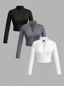 Set de 3 camisetas de manga larga con cuello en V, cremallera y ajuste ceñido, de estilo casual para otoño/invierno para mujer, en colores blanco + negro + gris - Multicolor 2 - Ver 1