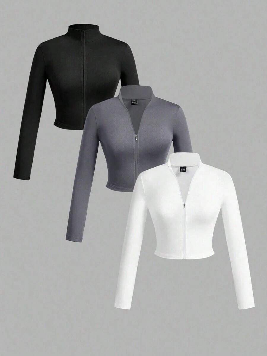 Set de 3 camisetas de manga larga con cuello en V, cremallera y ajuste ceñido, de estilo casual para otoño/invierno para mujer, en colores blanco + negro + gris - Multicolor 2 - Ver 1