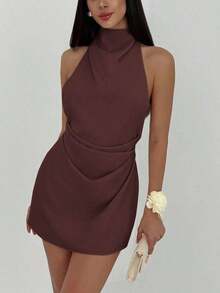 Vestido mini plisado de mujer con espalda abierta y atado - Cafetería - Ver 3