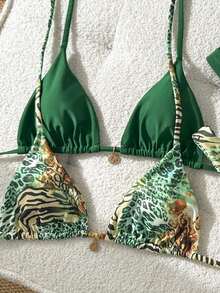 Conjunto de traje de baño de 4 piezas con cuentas marrón y a rayas, para primavera/verano 2026, conjunto de bikini de alta gama para resort de playa - Multicolor 9 - Ver 4