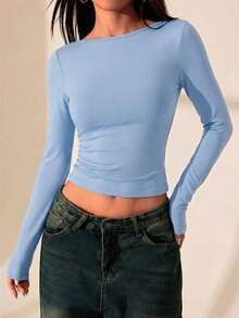 Camiseta de mujer con espalda al descubierto y costuras de encaje.Vestimenta sexy adecuada para citas en verano. - Niebla azul - Ver 5