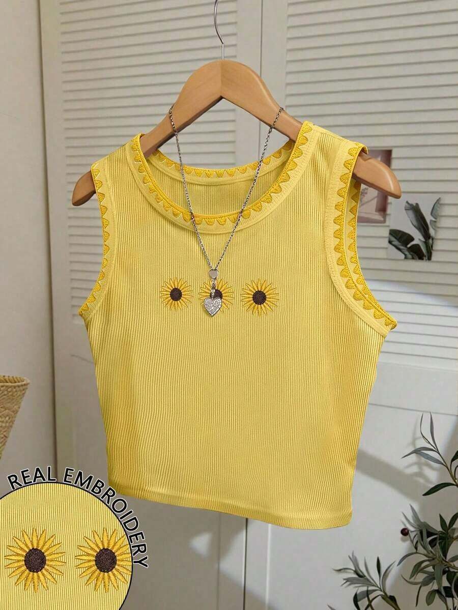 4 piezas Camiseta de mujer con cuello redondo bordada con pimiento picante y limón - Mostaza Amarilla - Ver 1