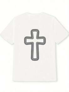 Women's Casual White Short-Sleeve T-Shirt With Black Cross Graphic Print - Relaxed Fit, Crew Neck, Breathable Fabric For Spring, Summer And All Seasons, Machine Washable, Women's T-Shirts, Everyday Wear, Minimalist Design, Comfortable Material, Basic T-Shirt, Minimalist Style - 白色 - 查看 3
