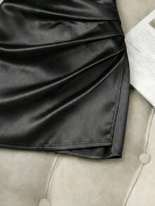 Vestido ajustado con cuello en V sin mangas, cintura fruncida e irregular, vestido de satén para mujer, vestido de primavera/verano para mujer, vestido elegante de fiesta para mujer, atuendo de vacaciones para mujer, atuendo del Día de San - Negro - Ver 3