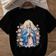 100% Cotton T-Shirt With Virgin Mary Print - Unisex Religious Clothing Suitable For Church, Pilgrimages And Everyday Wear - Casual Short Sleeve T-Shirt With Soft Crew Neck - H-Line Loose Fit For Men And Women - 220gsm Machine Washable - 黑色 - 查看 6
