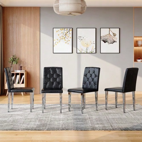Set Of 4 Dining Chairs In Black With High-Gloss Silver – Understated Luxury. The First Choice For European Dining Areas, With Silver-Colored Metal Legs For Versatile Combination Options. - 黑色+銀色 - 查看 1