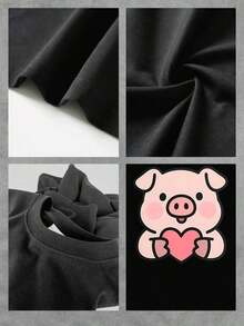 Cute Women's T-Shirt With A Pig Heart Print, Casual Short-Sleeved Crew Neck Tee,  Pig Animal Print For Women, Soft And Comfortable Cotton Blend Fabric For Everyday Wear, Fashionable And Fun Design. 100% Cotton, Cool In Summer - 黑色 - 查看 3