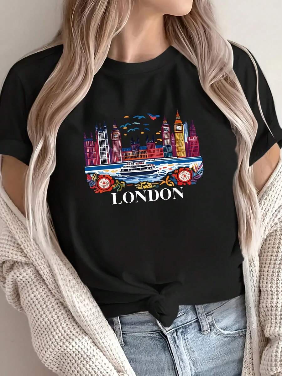 Wo'S London Cityscape Graphic T-Shirt - Casual Short-Sleeve Crew Neck Tee With Big Ben And River Design, Suitable For All Seasons, Casual Wear. | Cityscape Design | Comfortable Fit, London Fashion For Summer - 黑色 - 查看 1