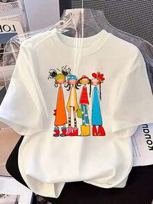 1 Pieza Moda Informal Para Hombres Y Mujeres2026 Nueva Primavera/Verano Camiseta de cuello redondo de manga corta para mujer con figura abstracta colorido Vestimenta de dopamina Adecuada para uso casual personalizado de todos ellos días, El blanco es versátil, fácil de combinar, adecuado para el uso diario, el estilo urbano, los conjuntos de vacaciones y la ropa de fin de semana. - Blanco - Ver 7