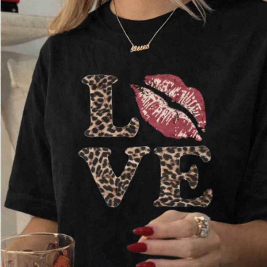 Collection Of Pretty Printed T-Shirts, 100% Cotton For Women, Basic Everyday T-Shirt, Short Sleeve, Casual And Elegant Top, Bow And Heart Prints, Fun Fashion T-Shirt, Aesthetic Summer Set, Gift For Her - Urban Vintage Style, Unisex Loose Cotton Short Sleeve Round Neck T-Shirt, Blouses For Women, Women's T-Shirts, Casual Blouses For Ladies. - 黑色 7 - 查看 1