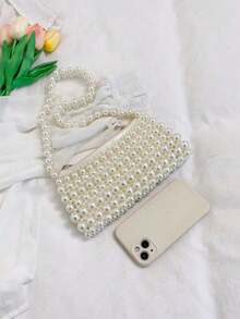 Dedoo 1pc Pearl Beaded Woven Faux Pearl Handbag, Multifunctional Women's Shoulder Bag Suitable For Formal Occasions Or Daily Commute - White - View 9