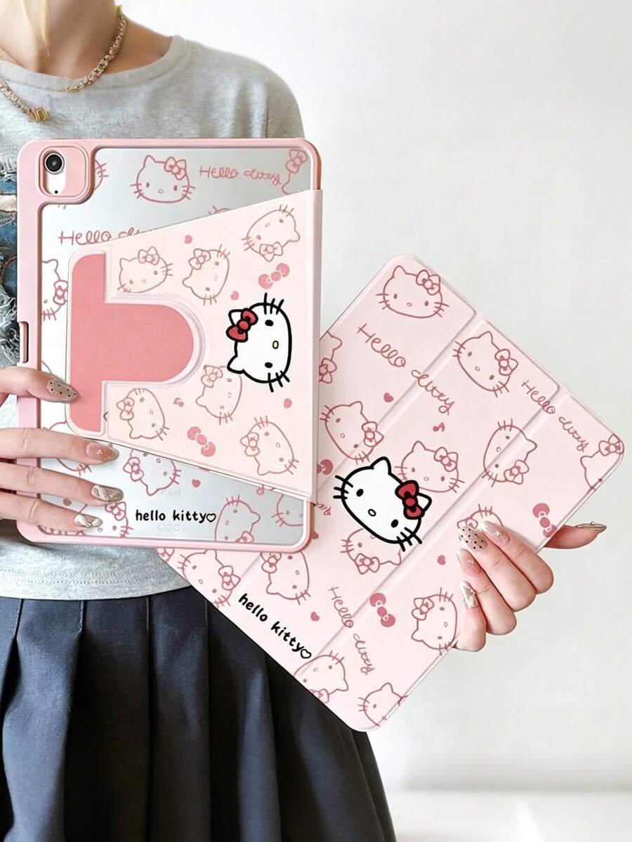 SANRIO Hello Kitty Tablet Protective Case With Pencil Holder, 360° Rotating Multi-Angle Stand, Cute Cartoon Shockproof Shell Suitable For IPad - Multicolor - View 1