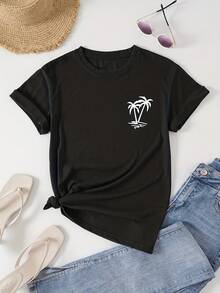 Women's Casual T-Shirt - Short Sleeve, Round Neck, With Plant And Palm Tree Prints, Featuring The Design "Life Is Better On A Boat", Lightweight, Perfect For Spring, Summer And Autumn, Cruise T-Shirt. - 黑色 - 查看 6