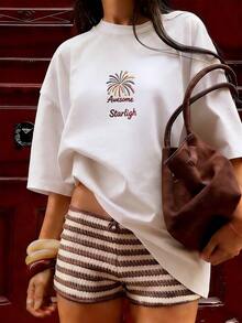"Awesome Starlight" Fireworks Embroidery T-Shirt, Fashionable Short-Sleeved T-Shirt For Spring/Summer 2026, Made In Mexico, 180 Grams. Cartoon Print, Couple Design, Suitable For Indoor Or Outdoor Wear. Crew Neck, Unisex, Ideal For Office And Leisure. One-Pack. - WH-P631577SLNDXZGY448 - 查看 4