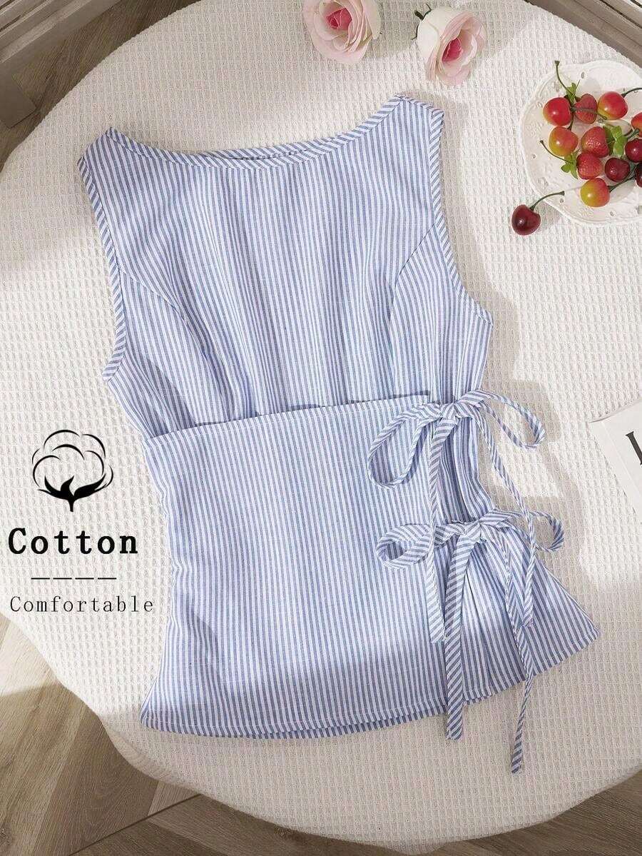 Camisa sin mangas con cuello redondo de estilo universitario retro y a cuadros, con diseño sexy para mujer.Nueva blusa de verano con cordones, ajuste ceñido y delicado estilo femenino y dulce - Azul y blanco - Ver 1