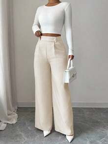 Pantalones rectos sueltos y fluidos, esenciales para Acción de Gracias y Halloween, de diseño elegante con hebilla y superposición delantera, de tela de bambú, para uso profesional y casual como uniforme de maestro - Albaricoque - Ver 3