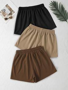 3 piezas Pantalones cortos deportivos casuales de cintura elástica y cordón de unicolor - Negro - Ver 8