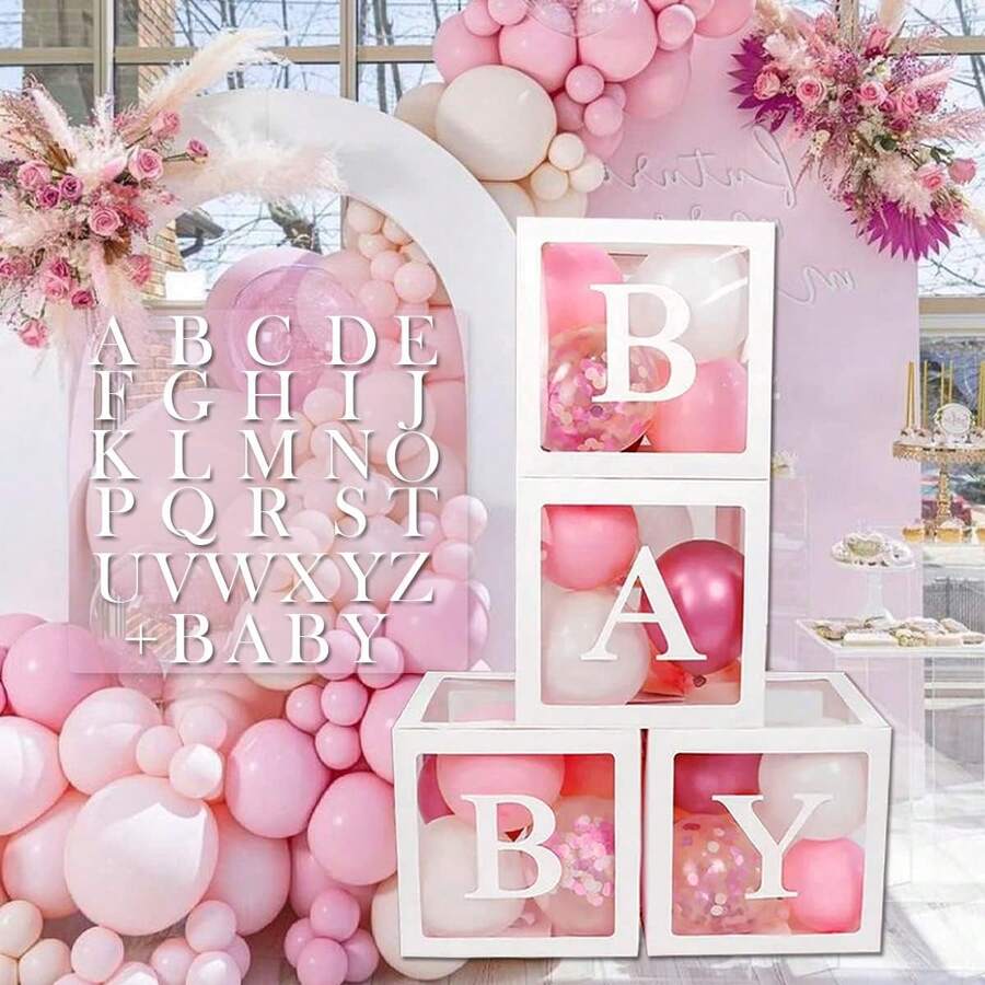 Cajas de Globos para Decoración Shower, 4 Pieza Kit de Cajas de Globos Transparentes Blancas con 30 Letras +, Decoraciones de Fiesta para Cumpleaños Shower Niña Niño Revelación de Género - 1 - Ver 1