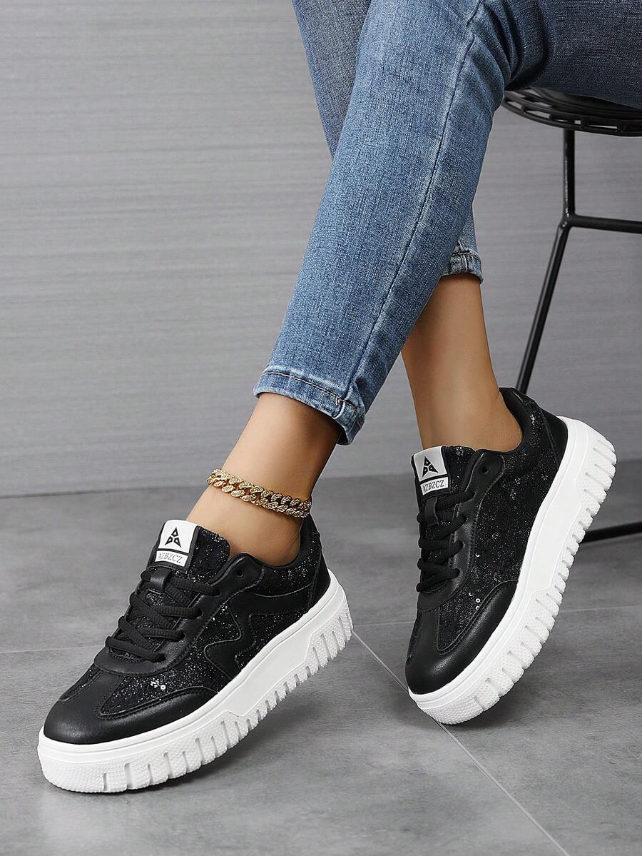 Giày thể thao nữ casual, giày bệt buộc dây nhẹ, đế dày, giày thể thao cổ thấp đa năng. - màu đen - Xem 1