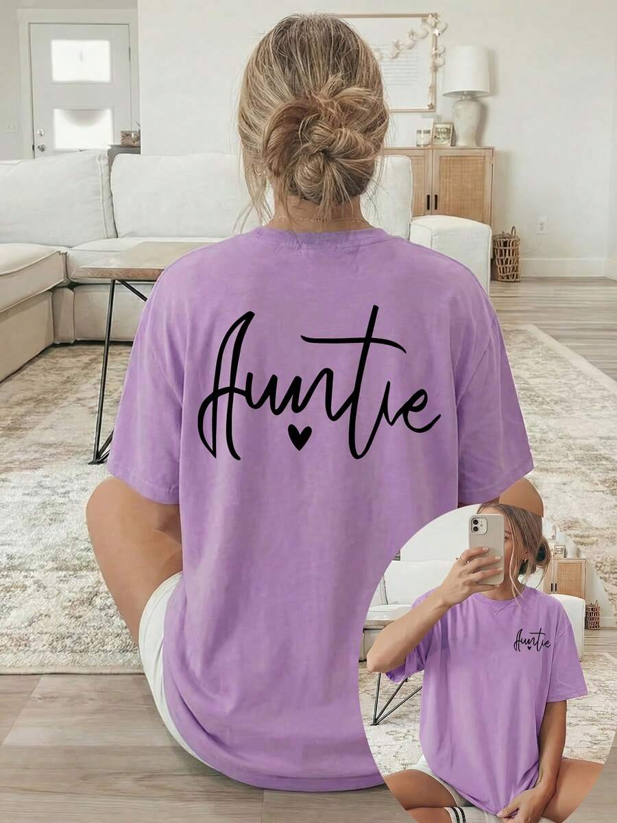 Women's T-Shirt With Double-Sided Front/Back Print - Short Sleeve, Round Neck, Casual Style, Suitable For Casual Wear, Machine Washable, With "Auntie" And Heart Print, Non-Blouse Style For Layering Or Wearing As A Top, 100% Cotton - 紫色 - 查看 1