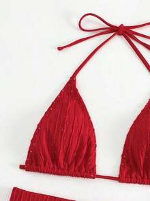 2 piezas Conjunto de bikini de unicolor con textura, tipo halter, adecuado para vacaciones de verano en la playa - Rojo - Ver 3