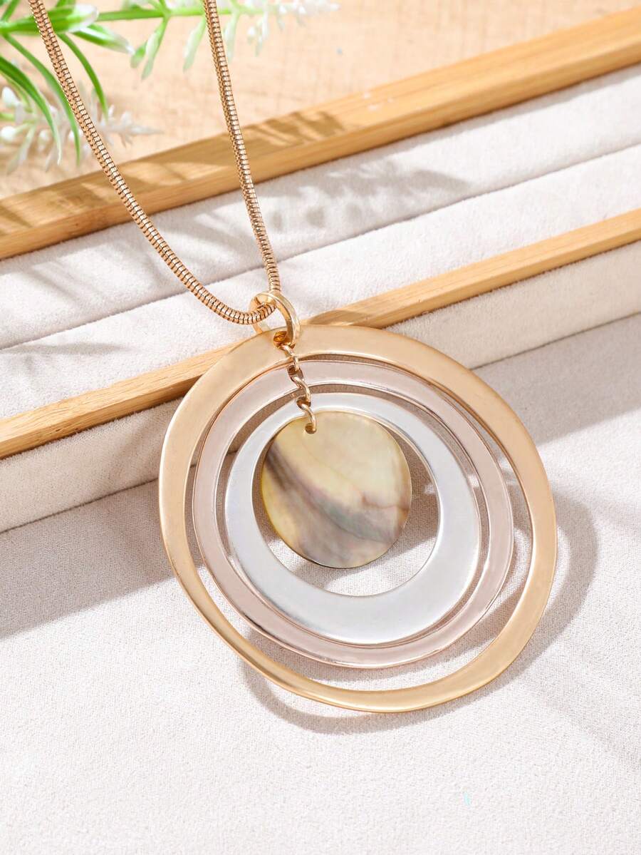 TopHanqi European And American Style Contrast Color Multi-Layer Metal Hoop Shell Pendant Necklace, Long Copper Snake Bone Chain, Fashionable Personalized Accessories For Women - Multicolor - View 1