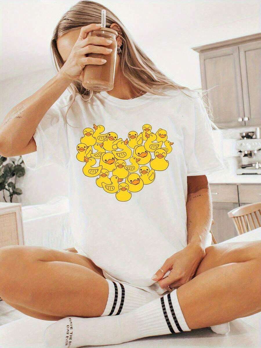 Camiseta de Mujer de Cuello Redondo para Primavera/Verano con Estampado Casual de Patos Formando un Corazón 2026 Transpirable y Cómoda - Blanco - Ver 1