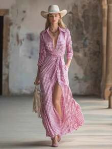 Elegant Long City Dress In Pink Plaid With Wrap Design - Red - View 2