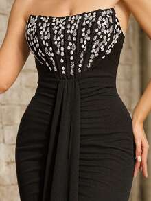 VIPGIRL Black Beaded Strapless Formal Evening Gown For Women, Elegant Sleeveless Maxi Dress With Open Back Design And Ruffle Hem, Suitable For Balls And Evening Events Wedding Party - Black - View 9