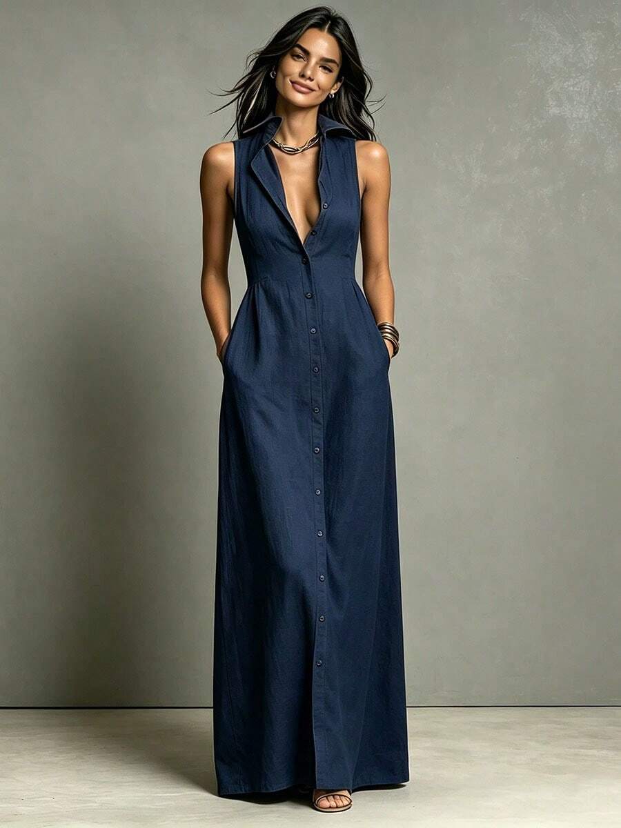 Nuevo 2026 Vestido Largo Casual Mujer Verano Lino Color Sólido Cuello Solapa Sin Mangas - Azul Marino - Ver 1